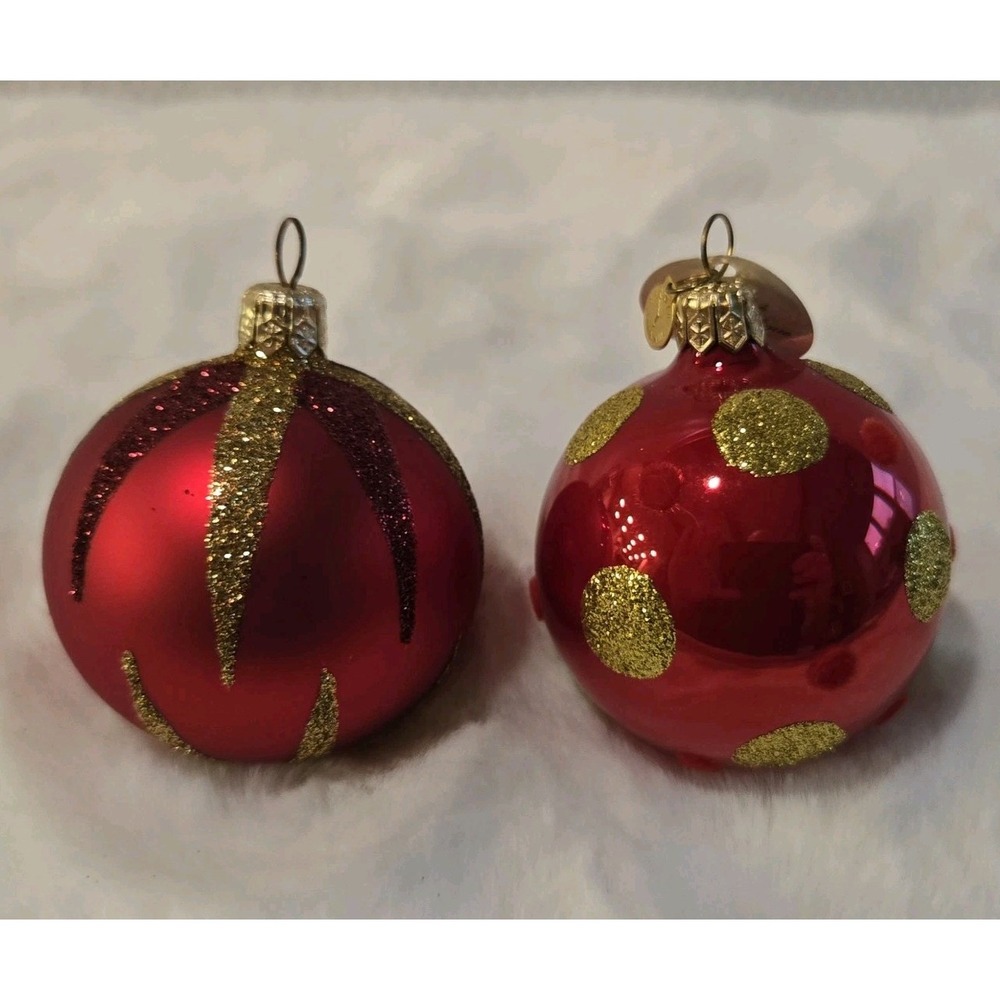 Set of 2 Red Glass Christmas Ornaments - Sparkly Star and Polka Dots - Czech